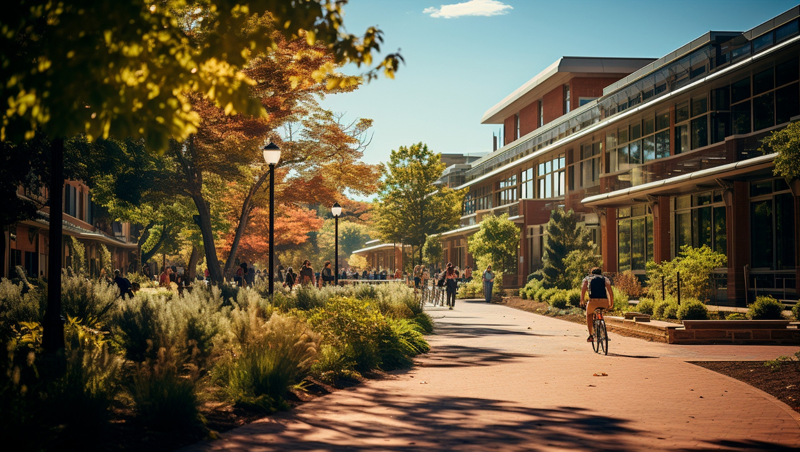 Stock image showing a sustainable building surrounded by trees with people walking and cycling